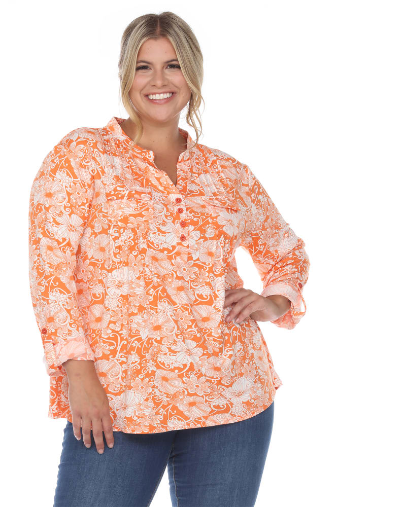 Front of a model wearing a size 4x Pleated Long Sleeve Floral Print Blouse in Orange by White Mark. | dia_product_style_image_id:246912